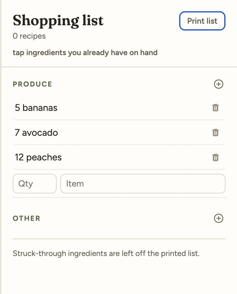 Custom shopping list items on desktop