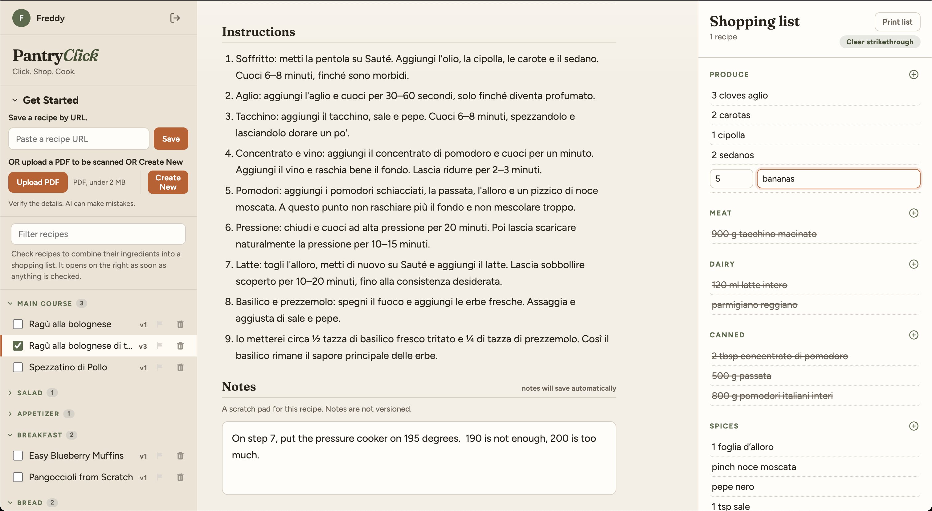 Desktop layout of PantryClick with recipes, a recipe, and a shopping list
