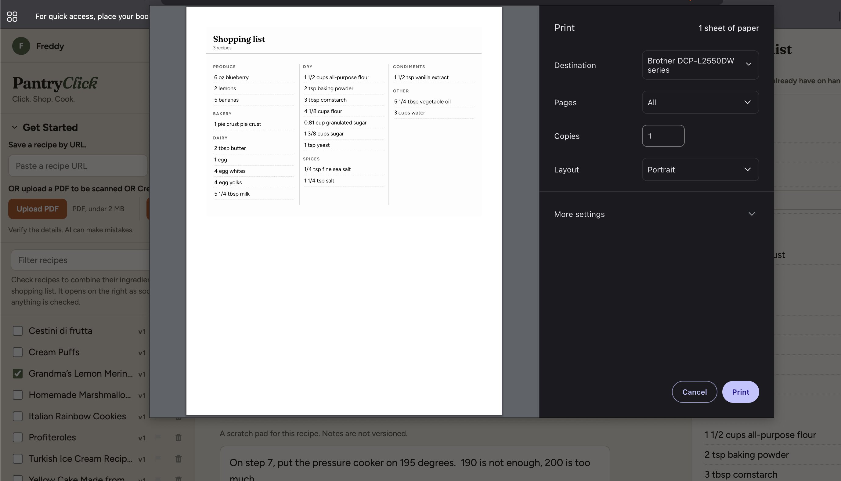 Print preview of a PantryClick shopping list