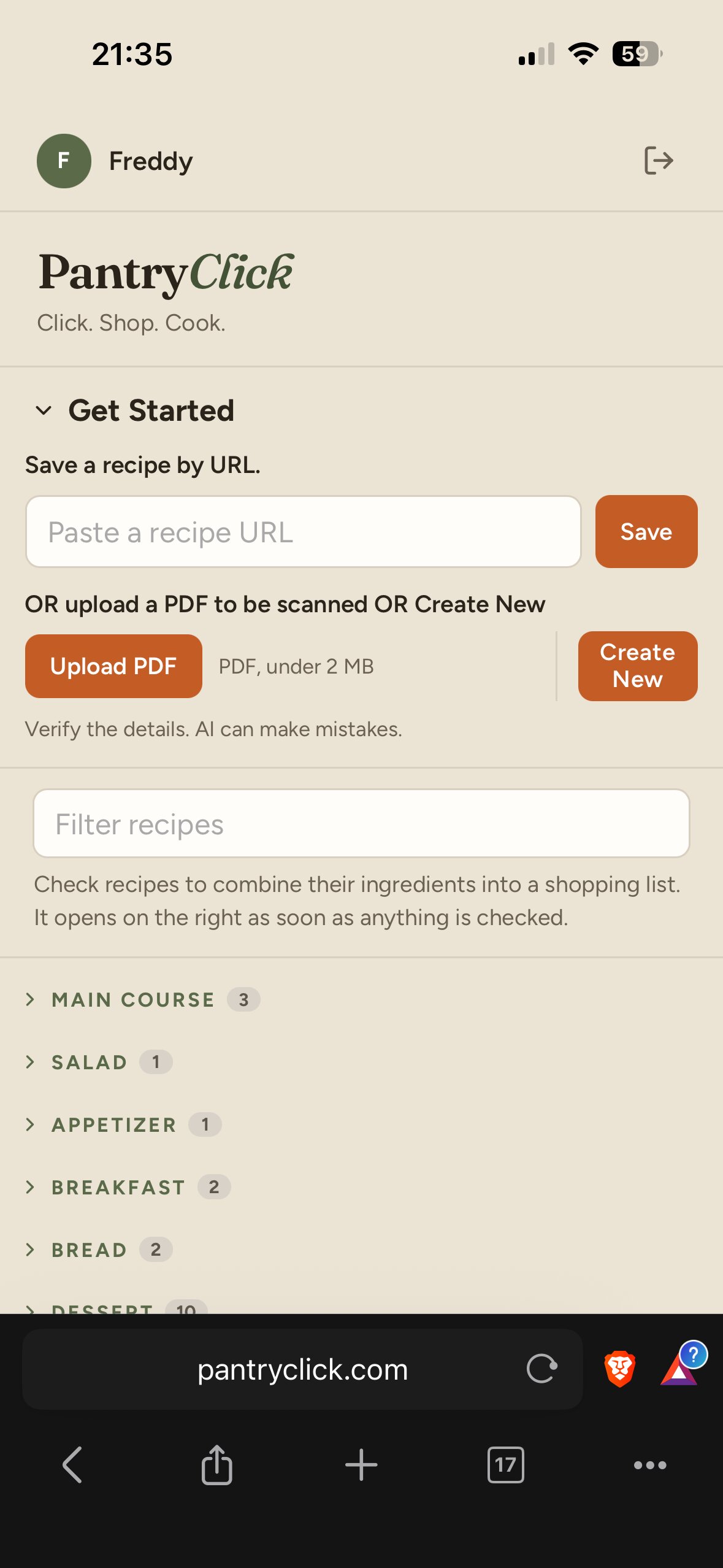 Phone layout of PantryClick recipe list