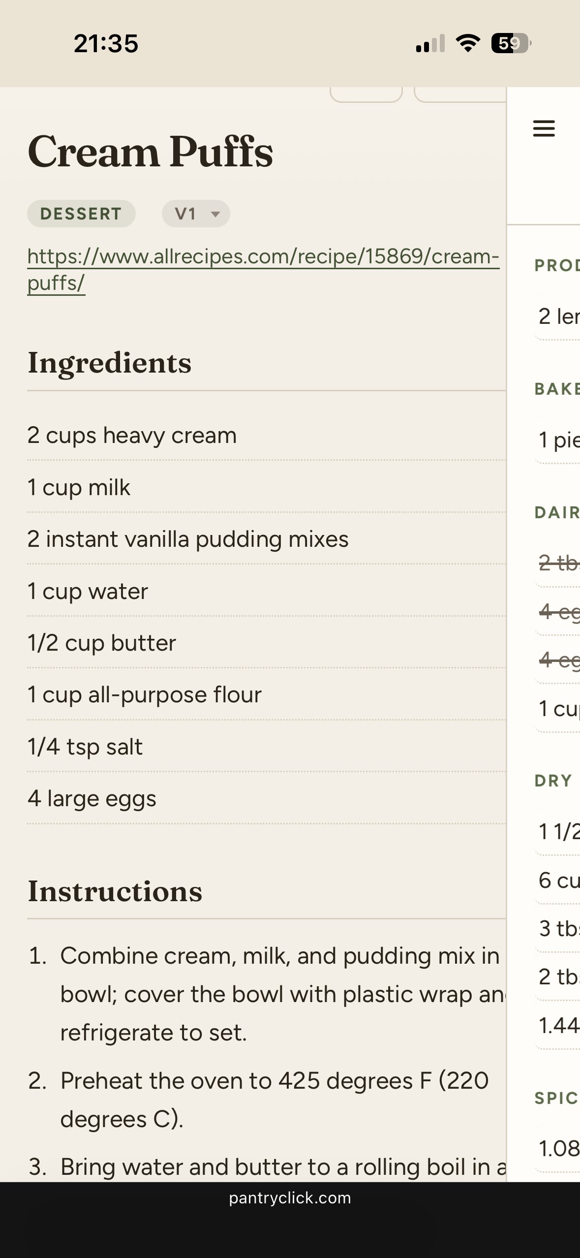 A recipe open on a phone in PantryClick