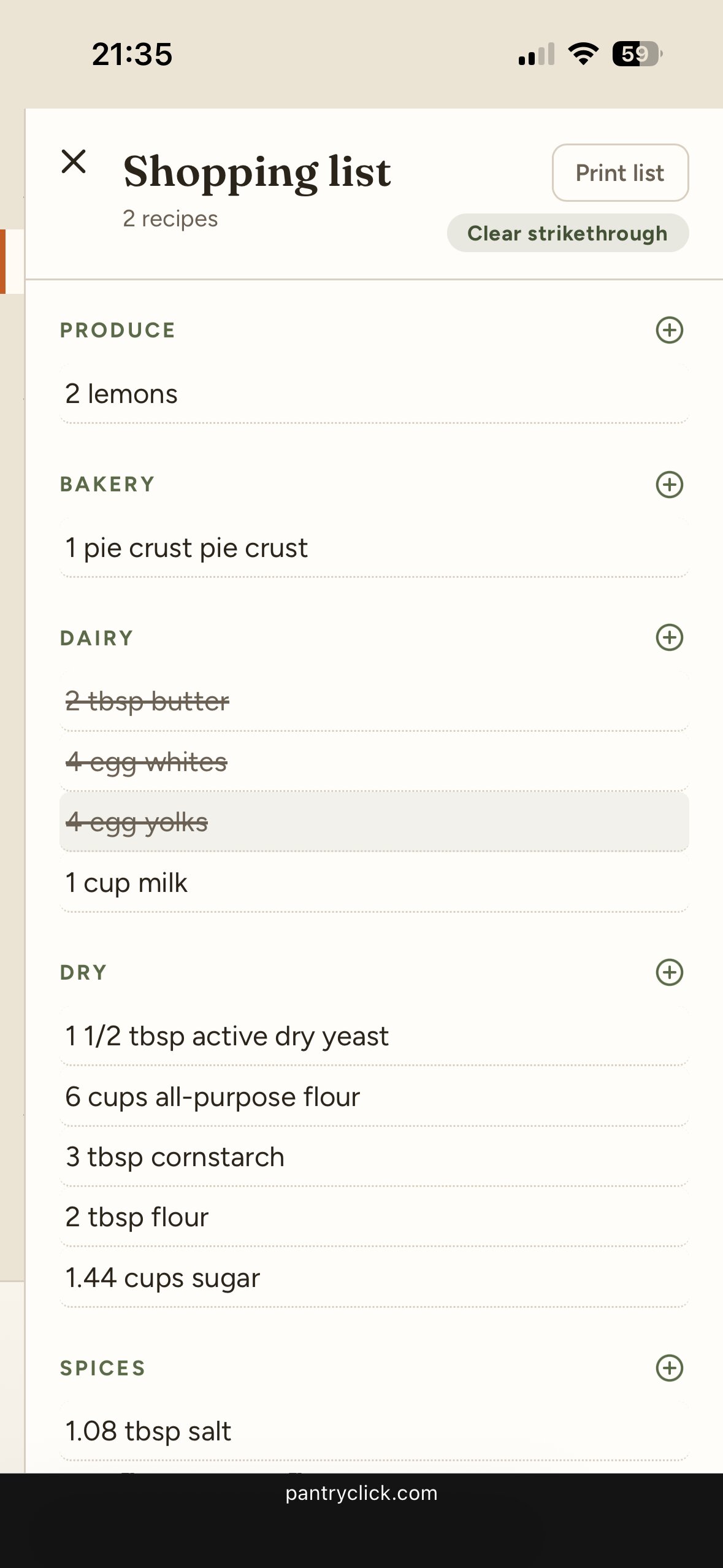 Phone shopping list in PantryClick